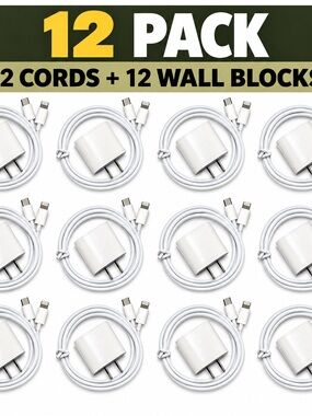 12-Pack White USB-C to Lightning Charging Cables with White Wall Chargers